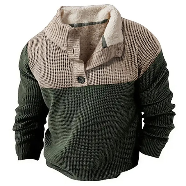 Men's Sweatshirt Sherpa Linend Army Green Henley Color Block Patchwork ...