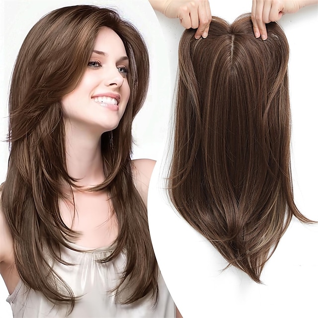  18-calowa nakładka do włosów długie, warstwowe nakładki do włosów dla kobiet syntetyczne nakładki do włosów dla kobiet z przerzedzającymi się włosami ciemnozłoty brąz z refleksami wiglety z włókna