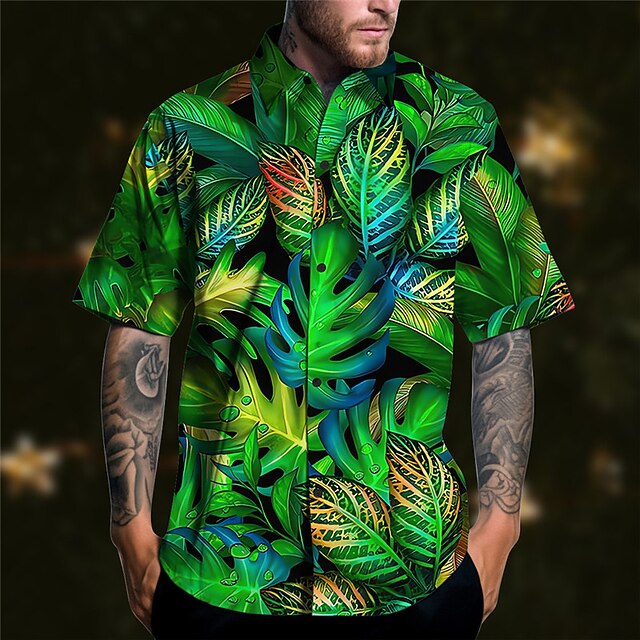 Men's Leaves Print Palm Leaf Tropical Plants Shirt Summer Hawaiian Shirt Aloha Shirt Short Sleeve Shirt Turndown Casual Outdoor Street Casual Daily Purple Green S M L3