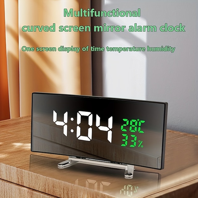  LED Curved Mirror Electronic Alarm Clock Desktop Creative Multifunctional Large Screen Temperature And Humidity Clock Room Decor Home Decor (without Battery)