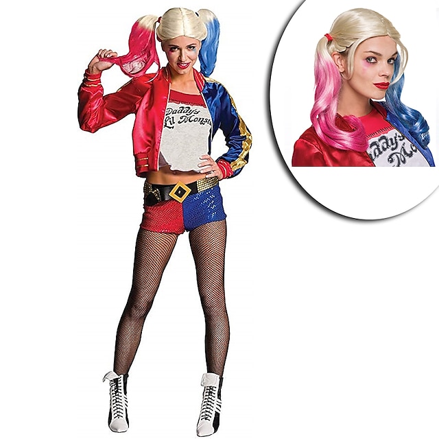  Burlesque Clown Harley Quinn Cosplay Costume Women‘s Movie Cosplay Red Coat Pants Bracelet Children‘s Day Cotton With Wig