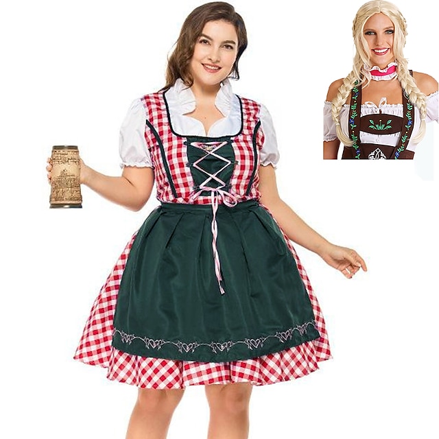  plus size oktoberfest tradiční německý pivní dívčí kostým dirndl halenka trachtenkleider zástěra 3ks Mnichov bavorský kostým s parukou