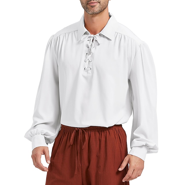  Retro Antiguo Medieval Renacimiento Camisas Príncipe Pirata Noble Hombre Correa Cuello Vuelto Casual Camisas