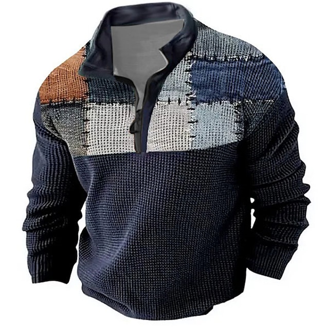 Men's Color Block Waffle Polo Shirts Golf Polos Shirts Long Sleeve Polo Shirts Turndown Zip Vintage Outdoor Casual Daily Streetwear 3D Print Fall & Winter Black Blue Brown 9