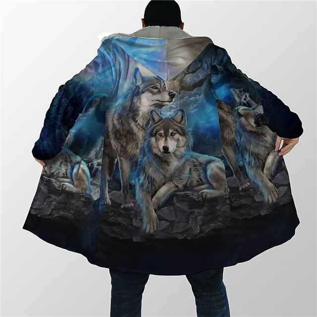 Men's Wolf Winter Coat Fleece Jacket Coat Thermal Warm Vintage Abstract Daily Wear Going out Pocket Print Fall & Winter Hooded Long Sleeve Blue3