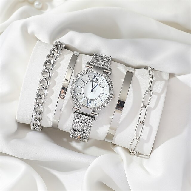  5pcs/set Women's Watch Luxury Rhinestone Quartz Watch Analog Stainless Steel Wrist Watch & Bracelets, Gift For Mom Her
