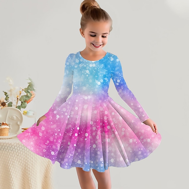  Tyttöjen 3D-värinen mekko pitkähihainen 3D-printti syksyn talviurheiluun & ulkoilu päivittäin loma söpö rento kauniit lapset 3-12 vuotta rento mekko viiva mekko polven yläpuolella polyesteri normaali