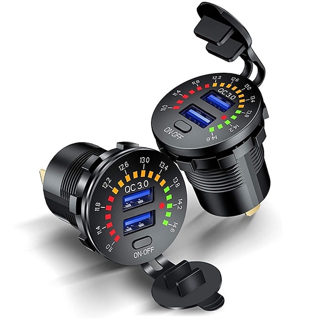  36w dobbel usb qc3.0 billader 12v usb uttak hurtiglading strømuttak med fargerikt digitalt voltmeter & På / av bryter & 10a innebygd sikring for kjøretøy motorsykler marine båt atv buss lastebil