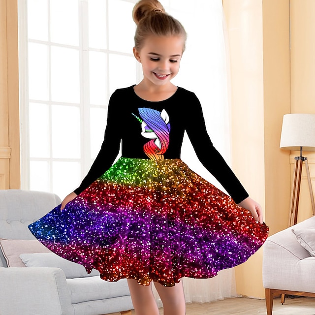 Meisjes 3D Regenboog Eenhoorn Jurk Lange mouw 3D-afdrukken Herfst Winter Vakantie Sport & Outdoor Dagelijks leuke Style Casual Mooi Kinderen 3-12 jaar Casual jurk A lijn jurk Boven de knie Normale