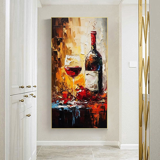  Bottle of Wine Painting Handpainted Glass of Wine Original Art Red Wine Home Room Wall Decor Kitchen Art  Modern Rolled Canvas No Frame