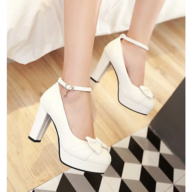 Women's White Chunky Heels with Bow Detail – Elegant Platform Pumps with Ankle Strap for Weddings and Formal Occasions 5