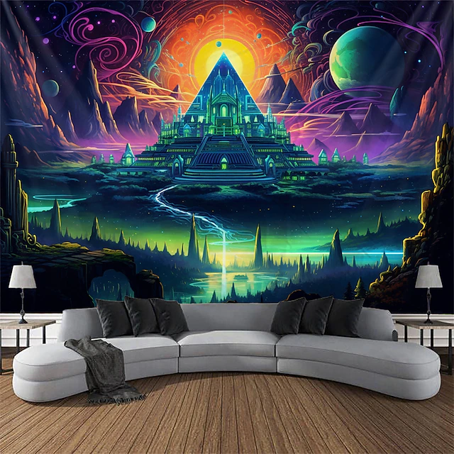 Blacklight Tapestry UV Reactive Glow in the Dark Glow Party Neon Trippy Misty Pyramid Egypt Hanging Tapestry Wall Art Mural for Living Room Bedroom 28