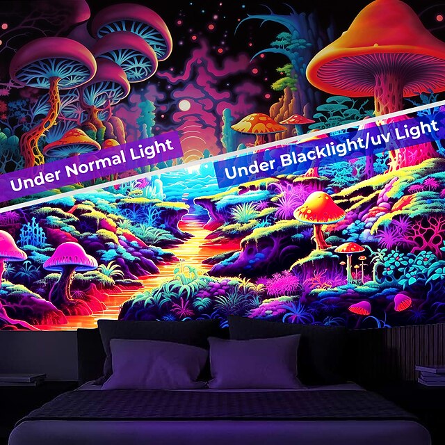 Blacklight Tapestry UV Reactive Glow in the Dark Trippy Forest Mushroom