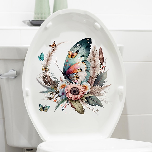  blommor blommor fjäril toalettdekal, dekorativa klistermärken för badrum toalett vattentoalett, hushåll DIY dekal, avtagbara badrum väggdekaler