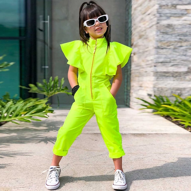  Kids Girls' Overall & Jumpsuit Solid Color Active Outdoor 3-7 Years Fall fluorescent green Orange