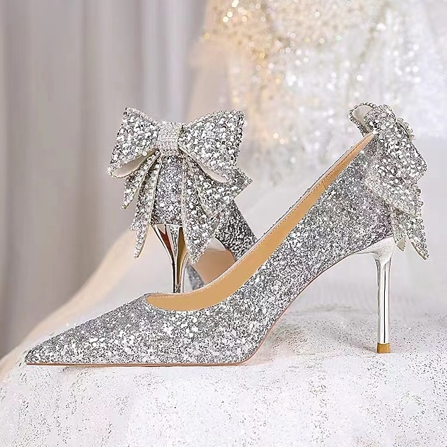  свадебные туфли для невесты, подружки невесты, женские туфли с закрытым носком и острым носком, серебряные туфли-лодочки из искусственной кожи с блестящим бантом, туфли на высоком каблуке-шпильке, свадебная вечеринка, блестящие туфли на день Святого Вален