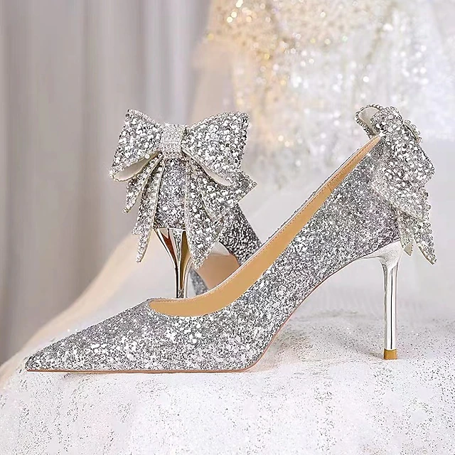 Wedding Shoes for Bride Bridesmaid Women Closed Toe Pointed Toe Silver PU Pumps With Glitter Bowknot Stiletto High Heel Wedding Party Valentine's Day Bling Bling Shoes Elegant Classic 6
