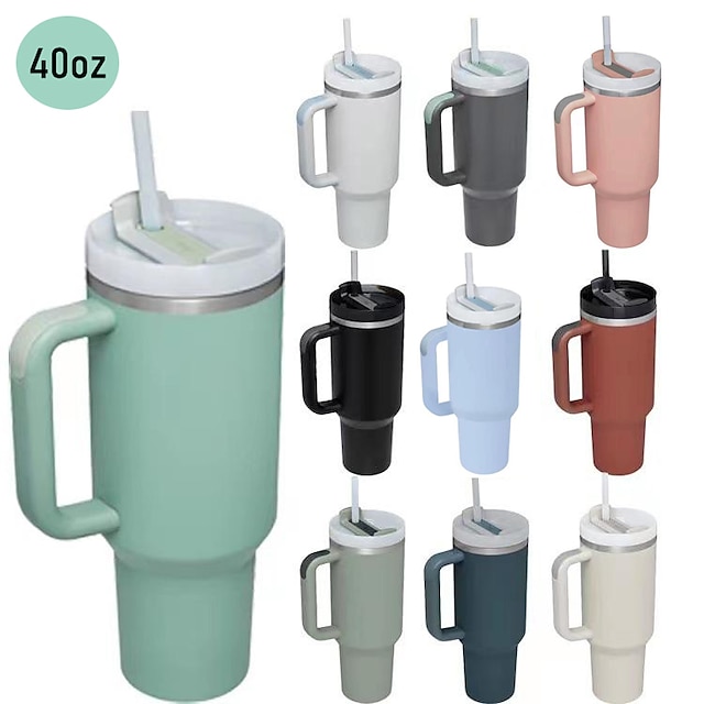  Gobelet d'été avec poignée 40 oz et couvercle en paille, bouteille d'eau en acier inoxydable 304, gobelets isothermes de voyage glacés pour cadeau thé café, tasse de voiture grande capacité avec paille