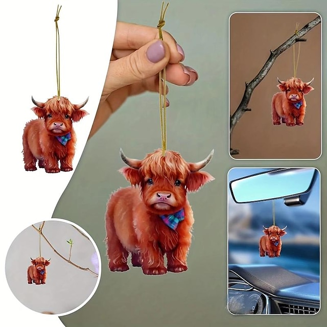  Car Mounted Cattle Pendant Christmas Tree Decorations Car Interior Decoration Christmas Gift Cartoon Highland Cattle