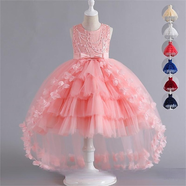  Kids Girls' Party Dress Solid Color Sleeveless Formal Performance Wedding Mesh Elegant Princess Beautiful Polyester Maxi Party Dress Flower Girl's Dress Spring Fall Winter 3-12 Years White Champagne