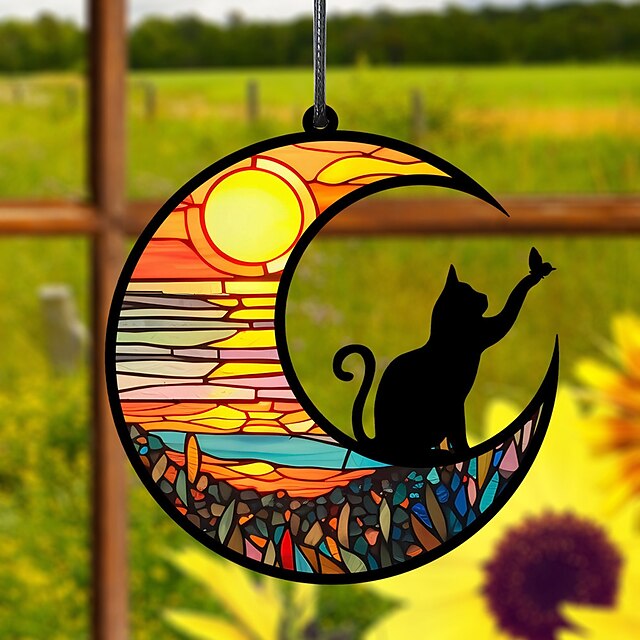  1 шт., подвесная подвесная подвесная подвеска для открытой террасы с изображением луны и кота, акриловая цепочка, подвесное праздничное украшение для окна, крыльца, кулон