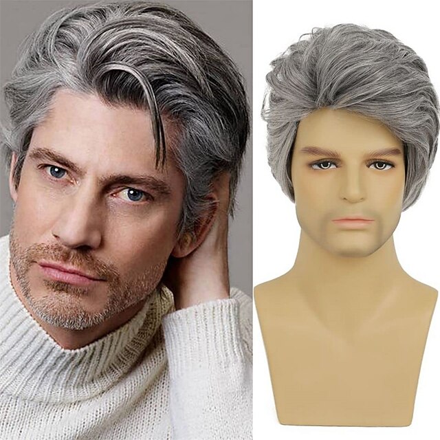 Men Wigs Short Grey Wigs Old Man Wig Synthetic Halloween Costume Male