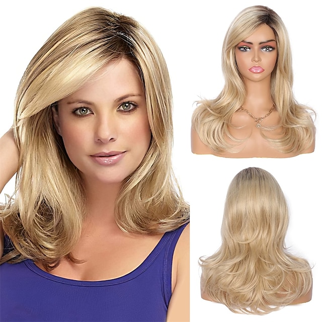  dam ombre blond mörkbruna rötter långa lockiga vågiga värmebeständigt syntetiskt hår peruk för kvinnor blond peruk med lugg
