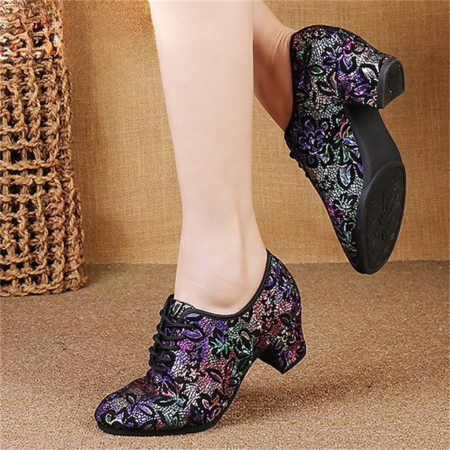 Women's Colorful Floral Latin Dance Shoes, Lace - Up Ballroom Dance Heels with Medium Heel for Eye - Catching Performances 9