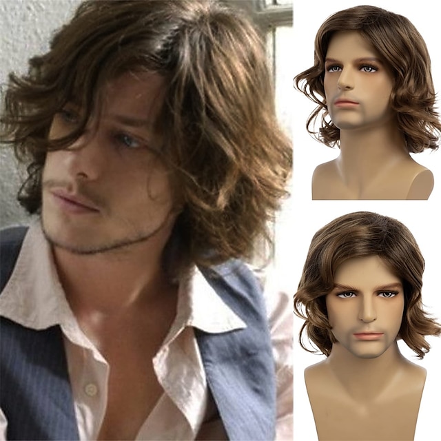  Mens Brown Wig Short Curly Side Part Synthetic Hair Replacement Wig for Daily Party Costume Halloween