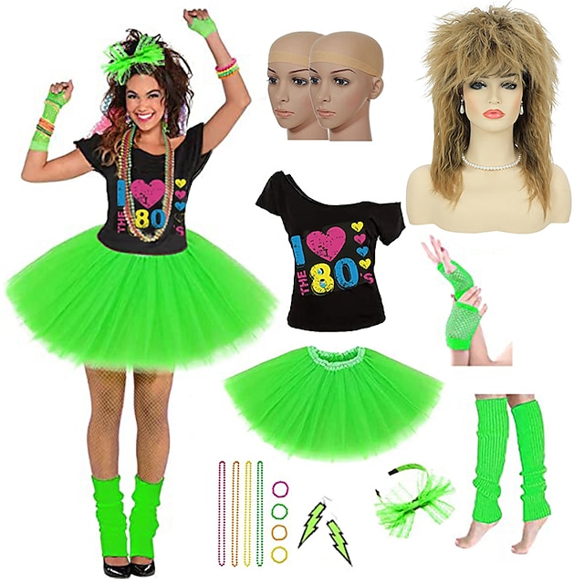  Set with Off Shoulder T-shirt Tutu Skirt Tina Rock Diva Wigs Headbands Beaded Necklace Accessories Set Women's 80s Disco 1980s Outfits Retro Vintage Cosplay Costume Masquerade Party & Evening Club