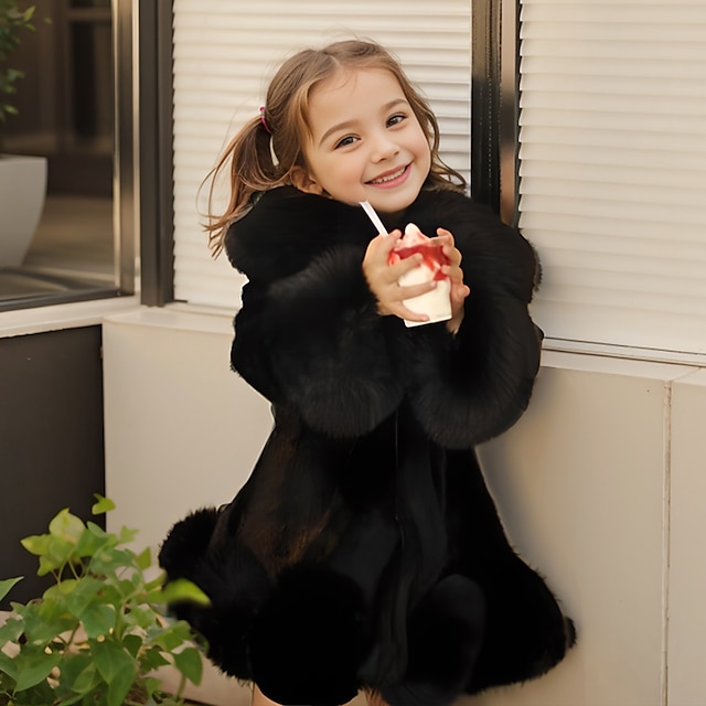  Manteau en fausse fourrure Enfants Fille Couleur unie Mode Utilisation Coton Manteau Vêtements d'extérieur 2-9 ans Printemps Noir