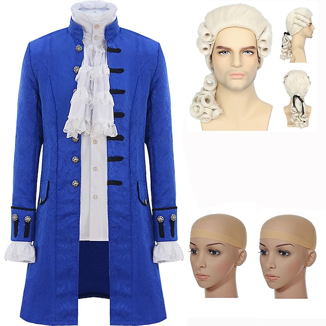  ensemble avec chemise à volants jacquard trench coat perruque coloniale 2 * bonnets de perruque hommes tenues médiévales victoriennes rétro vintage princesse vampire cosplay costume Halloween bal