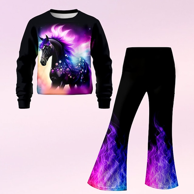  Girls' 3D Floral Horse Set Sweatshirt & Bell bottom Long Sleeve 3D Print Fall Winter Active Fashion Daily Polyester Kids 3-12 Years Crew Neck Outdoor Date Vacation Regular Fit