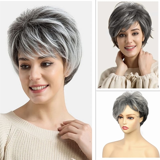  Short Curly Pixie Cut Wigs with Side Part Bangs Gray Gradient Wigs for White Women Ombre Black to Gray Hair Wig Messy Texture Layered Pixie Bob Cut Wig Salt and Pepper Wigs for Women