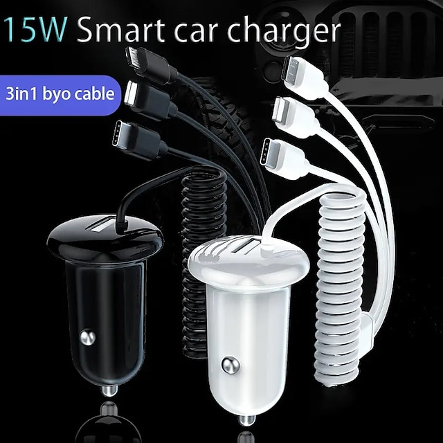  3 IN 1 Fast Charging Car Charger Spring Cable Fast Charging 15W Mixed Single USB Car Charger Compatible With Mobile Phones Laptops Cameras