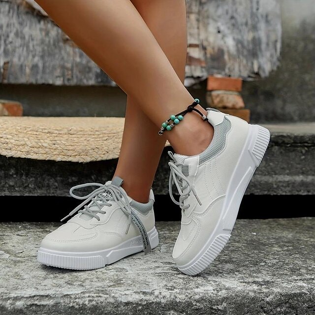  Women's Sneakers Plus Size White Shoes Outdoor Daily Color Block Flat Heel Round Toe Fashion Sporty Casual Walking PU Lace-up White Pink Green
