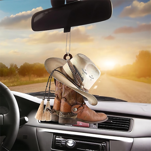 Car Pendant for Rearview Mirrors - Car Rear View Mirror Pendant | Car Decoration Charm Pendant, Creative Cowboy Boots and Hats Flat Style Ornament, Car Mirror Hangings Accessories