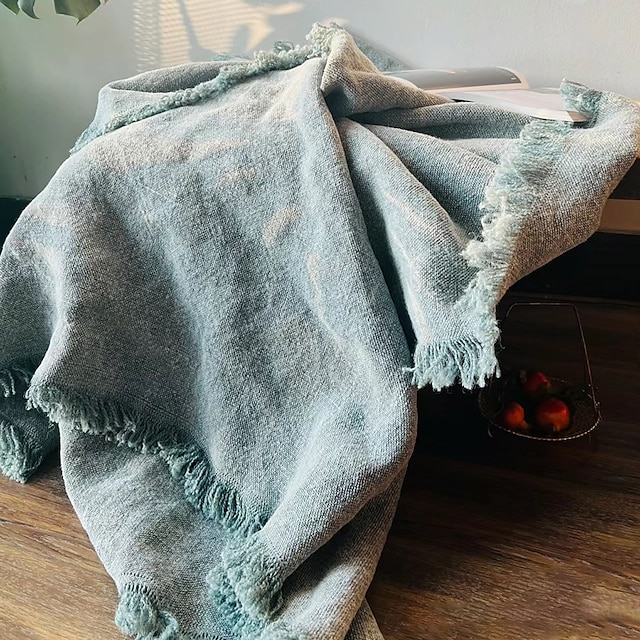  manta de lino estilo color lavado azul con flecos para sofá/cama/sofá/regalo, lino lavado natural color sólido suave transpirable acogedora casa de campo boho decoración del hogar