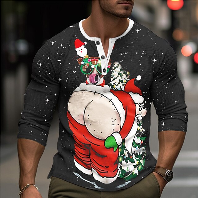 Christmas Men's Funny Christmas Henley T Shirt Graphic Santa Claus Funny Fashion Designer Casual 3D Print Henley Waffle Sports Outdoor Holiday Festival Black / White Black Red Long Sleeve Henley4
