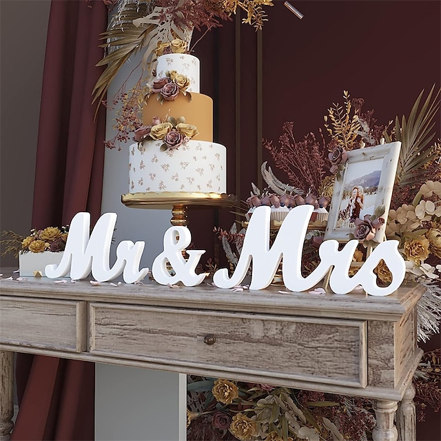  Decorazioni per centrotavola di nozze 1 set di ornamenti in legno bianco con lettera Mr Mrs per decorazioni con cartello di benvenuto per feste di matrimonio