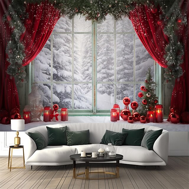 Christmas Decorations Snow Red Curtain Hanging Tapestry Wall Art Xmas Large Tapestry Mural Decor Photograph Backdrop Blanket Curtain Home Bedroom Living Room Decoration 14
