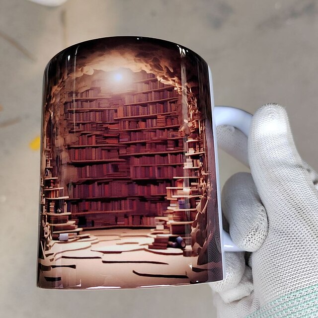 3D Bookshelf Mug, 3D Bookshelves Hole In A Wall Mug, 3D Effect Books