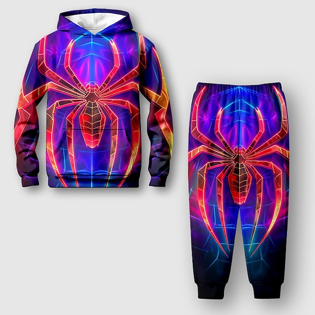  Boys 3D Spider Hoodie & Pants Set Long Sleeve 3D Printing Fall Winter Active Fashion Cool Polyester Kids 3-12 Years Outdoor Street Vacation Regular Fit