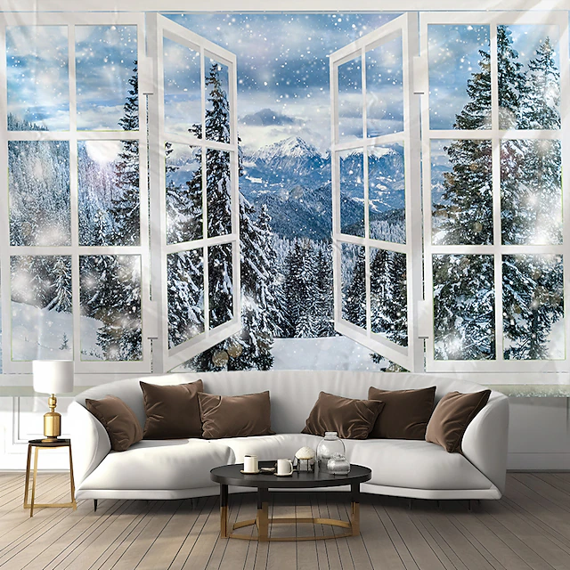 Snow Window View Landscape Hanging Tapestry Wall Art Mountain Large Tapestry Mural Decor Photograph Backdrop Blanket Curtain Home Bedroom Living Room Decoration 13