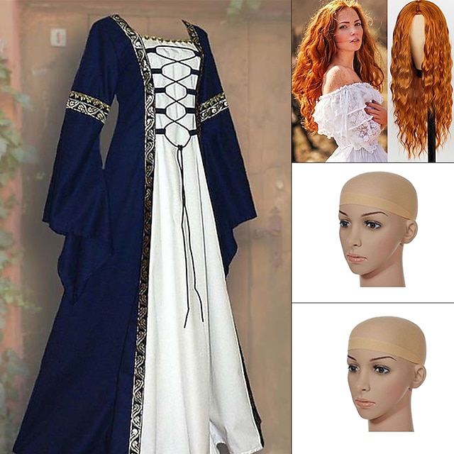  Conjunto con vestido medieval con cordones, pelucas rojas onduladas de agua largas, 2 gorros de peluca, vestido vintage renacentista, vikingos foráneos, disfraz de cosplay para mujer de talla grande,