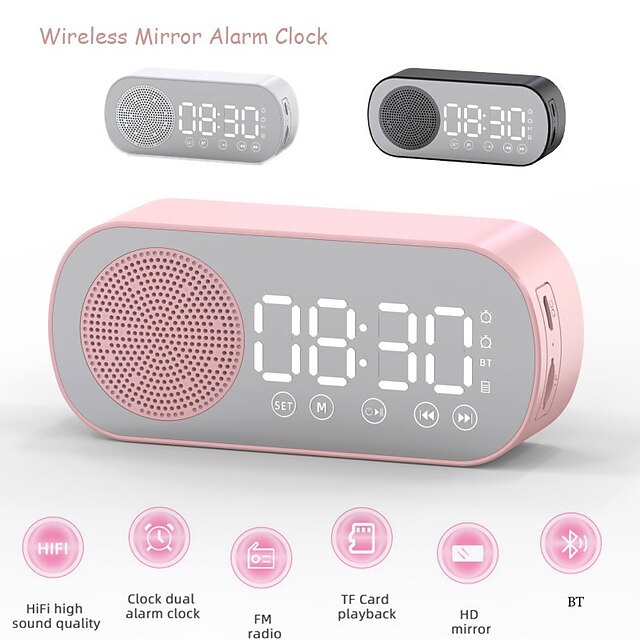 Led Mirror Digital Alarm Clock Speaker Wireless Clock For Home Office Big Time Display Table