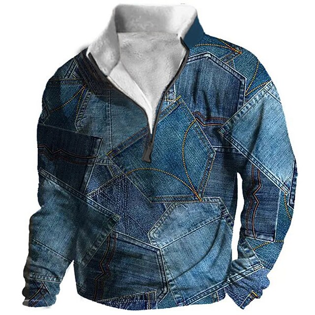 Men's Graphic Patchwork Denim Sweatshirts Sweatshirt Zip Sweatshirt Long Sleeve Sweatshirt Quarter Zip Daily Basic Casual 3D Print Vacation Holiday Going out Print Fleece Fall & Winter 5