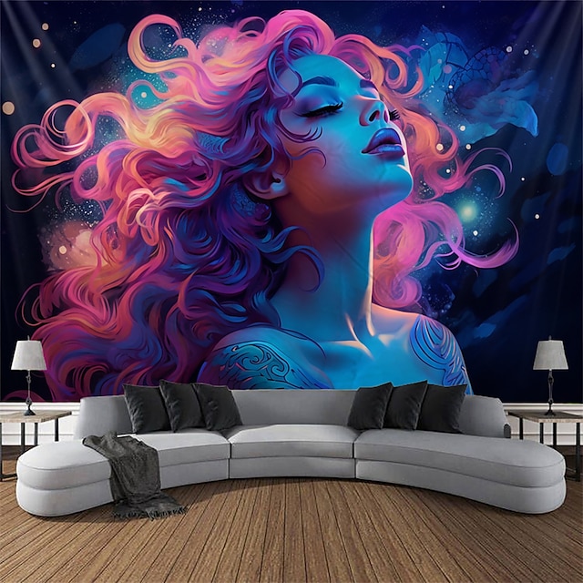  Tapiz de luz negra UV reactivo que brilla en la oscuridad trippy fantasía mujer brumosa naturaleza paisaje colgante tapiz pared arte mural para sala dormitorio