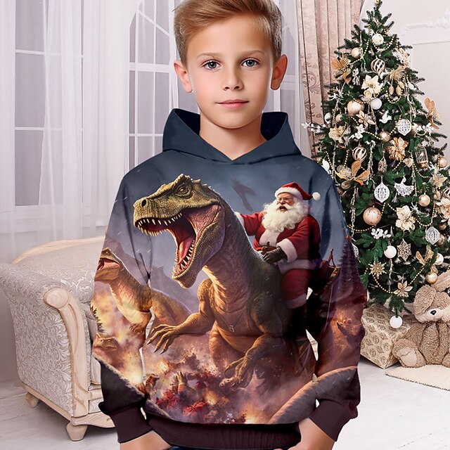 Boys 3D Santa Claus Dinosaur Hoodie Pullover Long Sleeve 3D Print Fall Winter Fashion Streetwear Cool Polyester Kids 3-12 Years Outdoor Casual Daily Regular Fit 8
