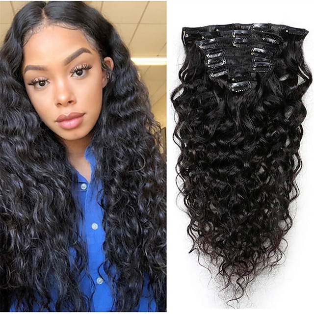  אופנה 20 אינץ' מים גלי קליפס תוספות שיער אנושי רומנטיקה קופצני מתולתל גל טבעי קליפס שיער 100 גרם עבור אפריקה אמריקה נשים שחורות